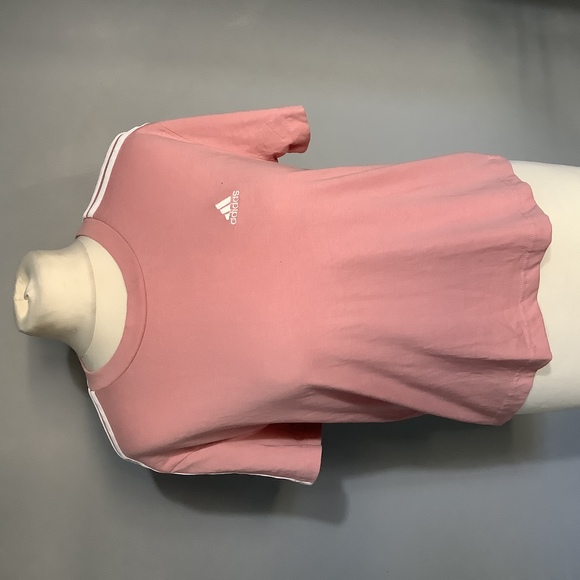 Tops - Adidas Cropped Round Neck T Shirt - Size S (8-10) - Pink & White - P2P 18”
